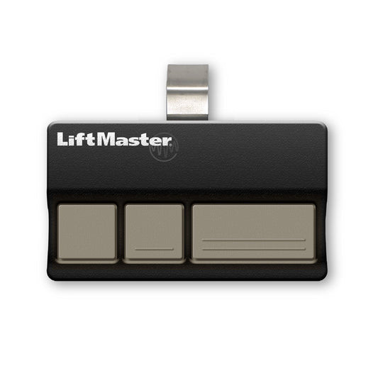 Liftmaster branded black oblong sun visor garage door remote with 3 beige buttons