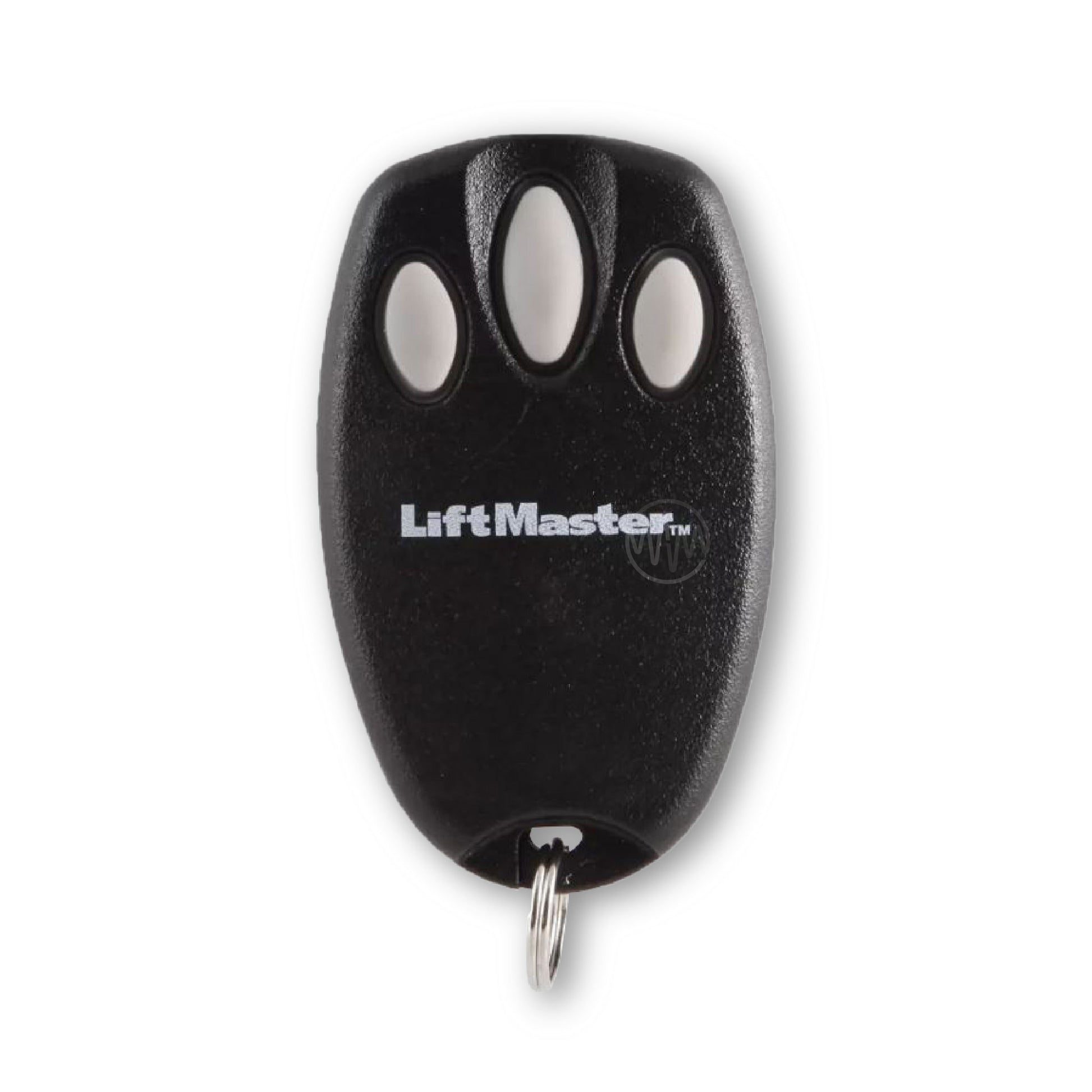 Liftmaster branded black bear claw style garage door remote with 3 grey buttons