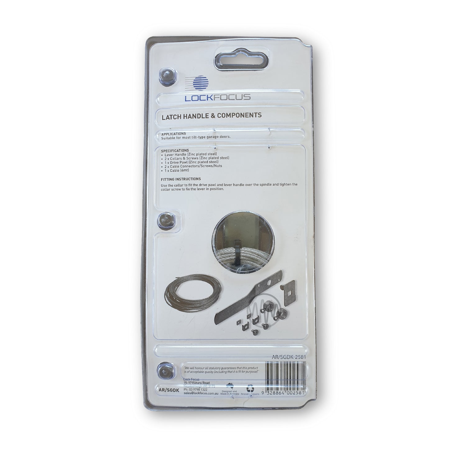 Lock Focus latch handle & components back of display packaging