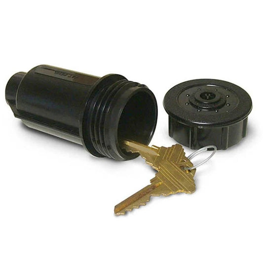 Lucky Line imitation sprinkler head key hider showing top off with keys inside hidden compartment