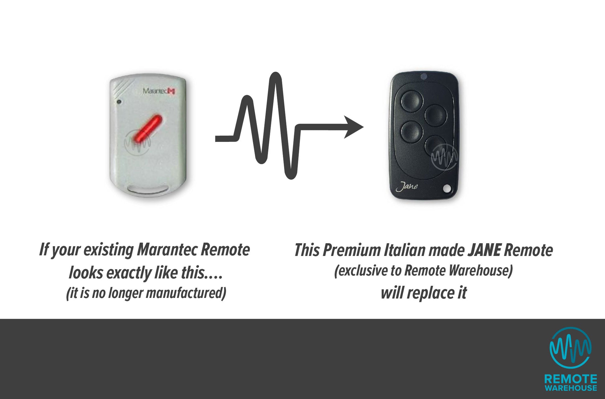 Marantec grey 1 button Digital 221 remote is replaced by the all black 4 button Jane garage remote