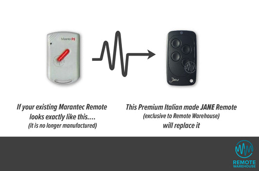 Marantec grey 1 button Digital 221 remote is replaced by the all black 4 button Jane garage remote