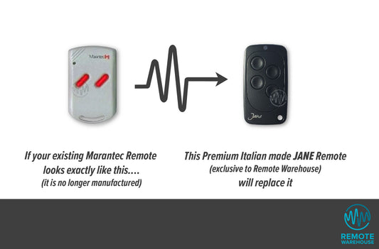 Marantec grey with 2 red button remote is replaced with the all black 4 button Jane remote