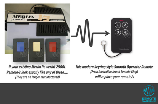 Merlin Powerlift 2500L large gray remotes with blue, white or red rectangle button are replaced by the black & silver smooth operator remote