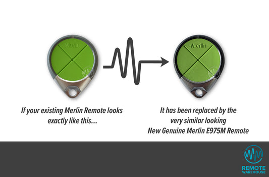 Comparison of an old Merlin E970M remote and the new updated E975M Merlin Garage Door remote