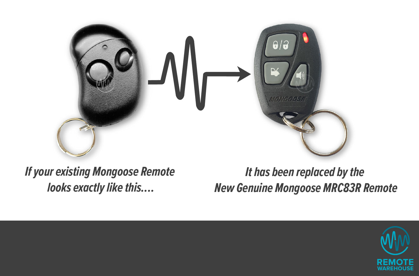 Mongoose bean shape remote is replaced with Mongoose MRC83R 3 button red led car alarm remote