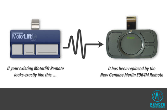 Motorlift blue 3 button sun visor remote is replaced with the Merlin E960M grey 4 button sun visor remote