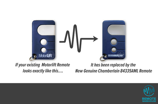Blue rectangle Motorlift branded garage remote is replaced with same looking Chamberlain branded garage door remote