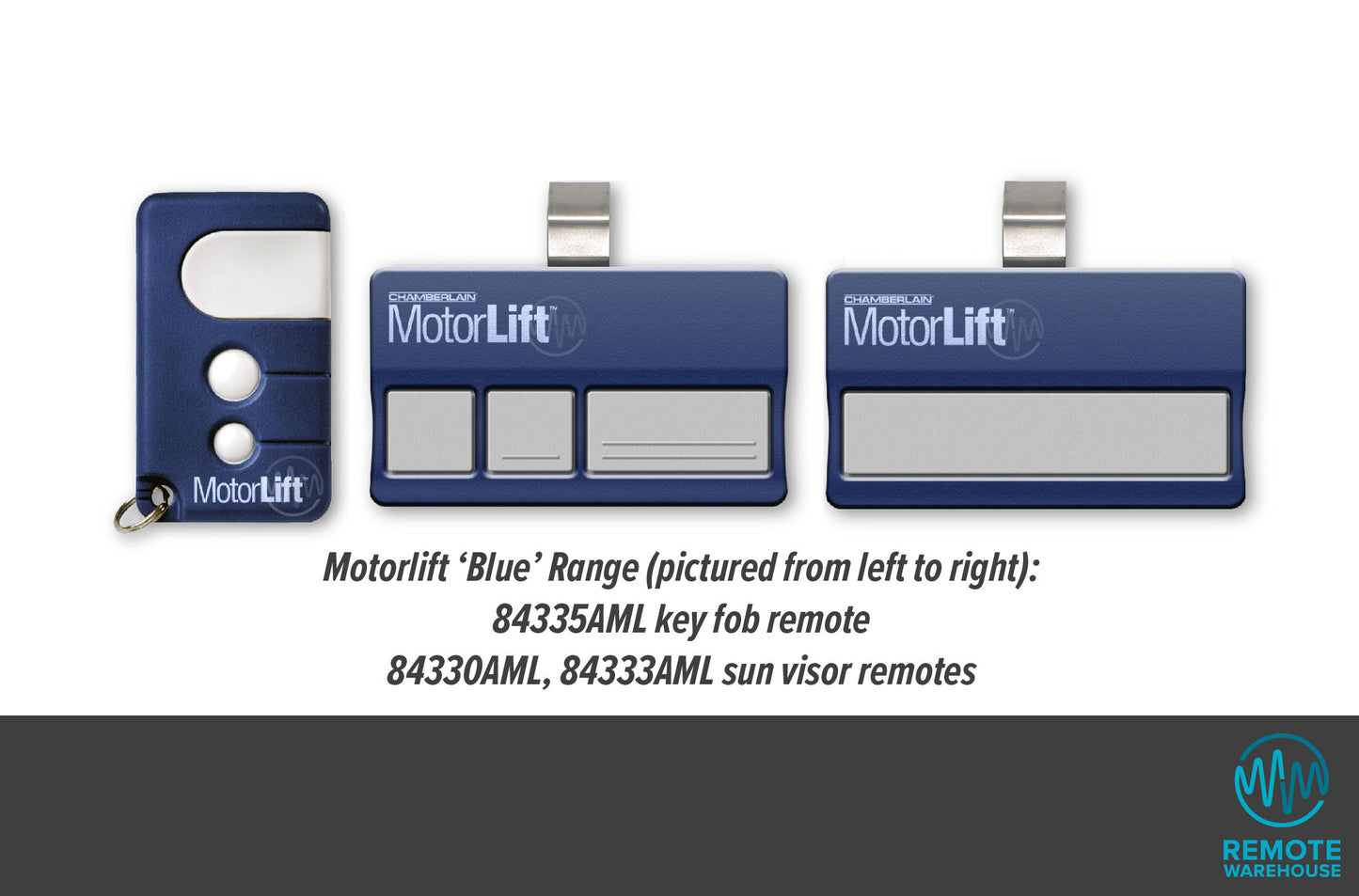Motorlift blue range of garage door remotes, keyring & 2x sun visor styles