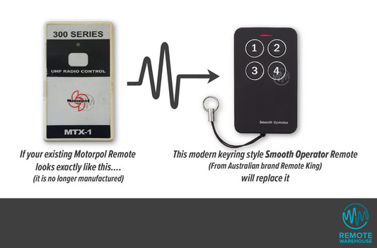 Old discontinued 300 Series MTX-1 Motorpol remote pointing to the new replacement Smooth Operator silver & black remote