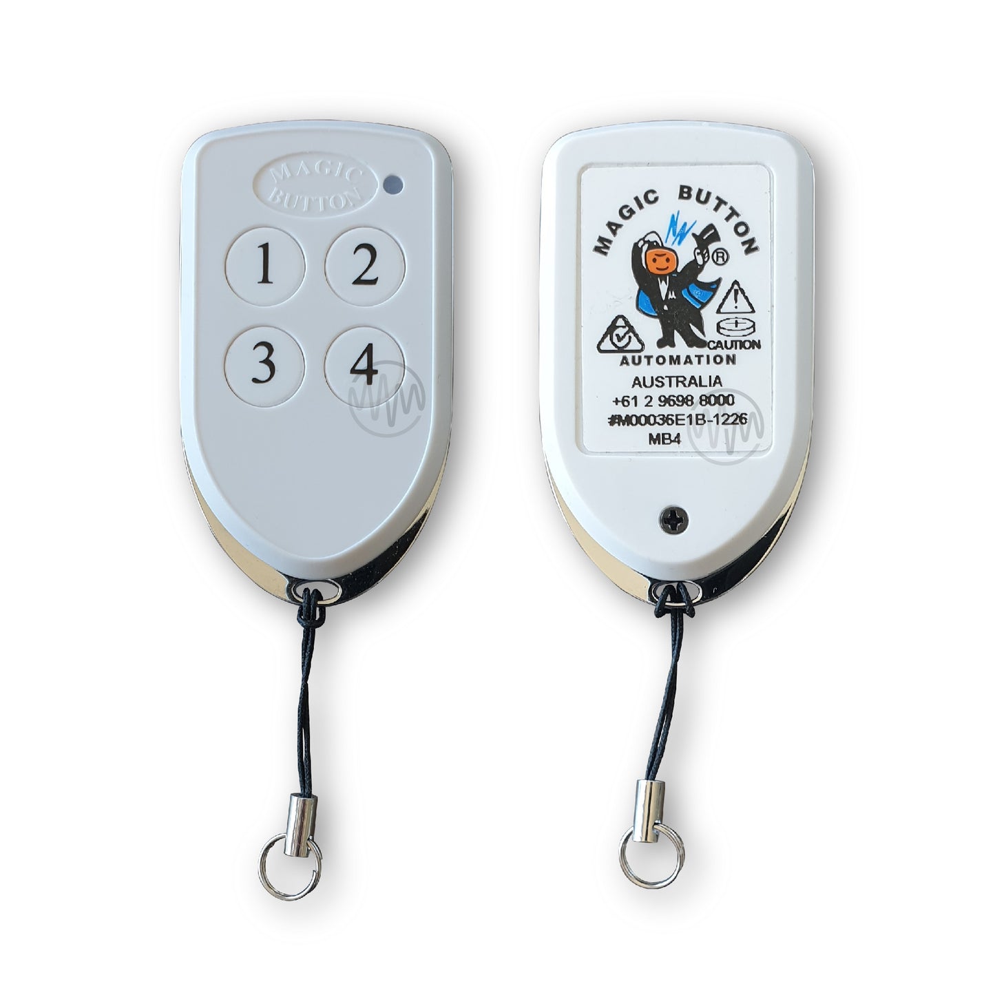 Magic Button branded white & chrome shield shape gate remote with 4 round numbered buttons front & back view