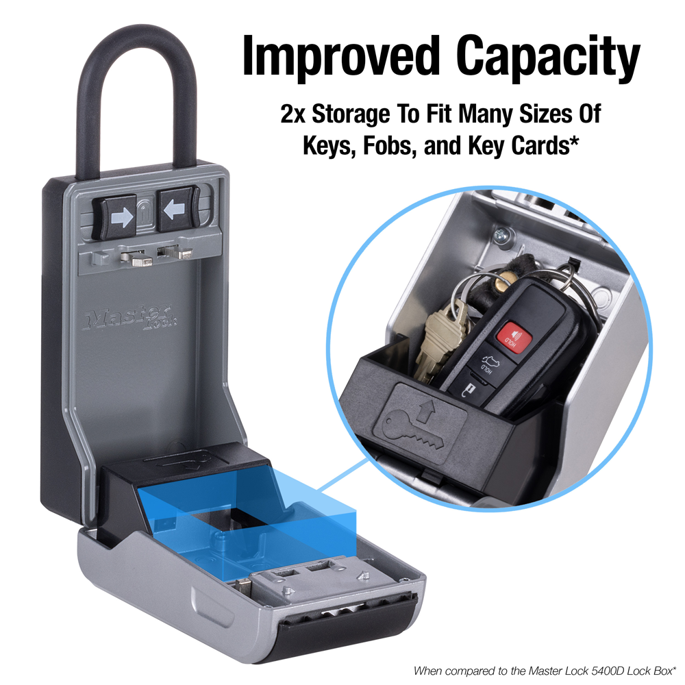 Master Lock lock box with shackle open to show storage capability of keys & fobs