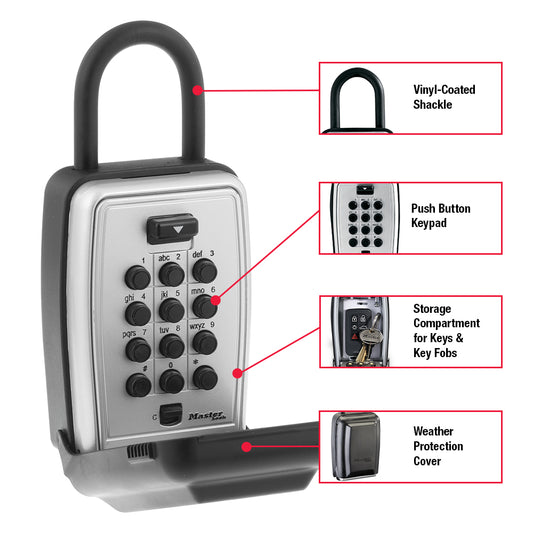 Master Lock 5422 lock box with shackle shown with weather cover open & red arrows pointing to various features of the lock box