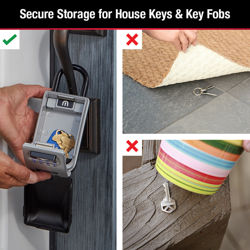 Master Lock 5424 lock box with shackle attached to a door handle shown open with keys inside it.