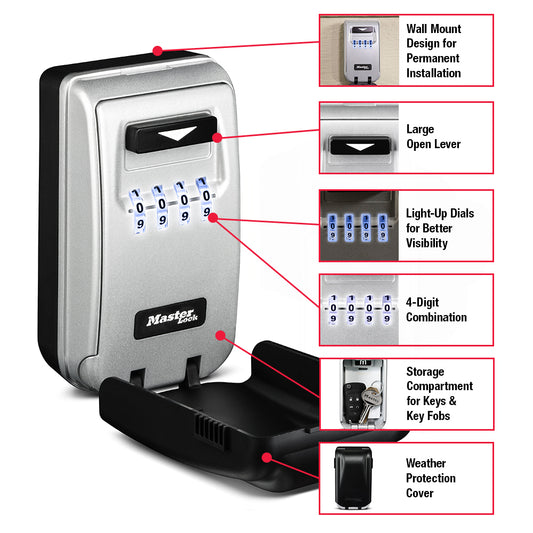 Master Lock 5425 lock box features pointed to by red arrows