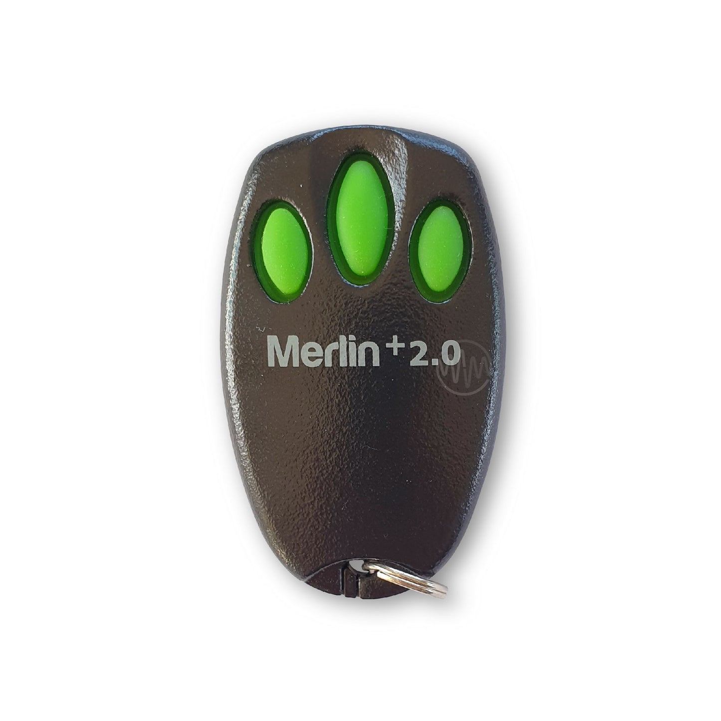 Black Merlin +2.0 branded bear claw design remote with 3 green oval buttons