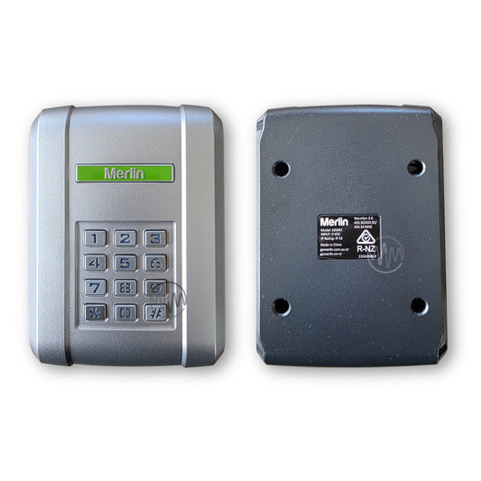 Front & back views of Merlin E850M branded metallic silver front keypad