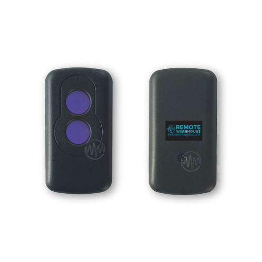 Front & back of compatible Merlin M802 small black oblong remote with 2 blue circle buttons