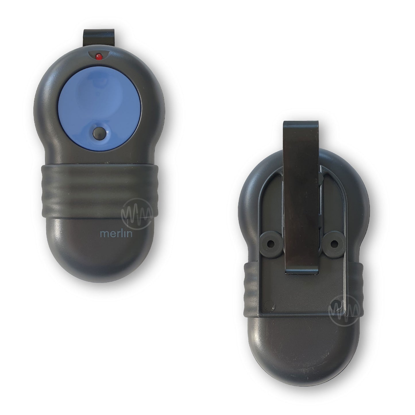 Merlin M802 large grey sun visor style garage remote with large round blue button front & back view