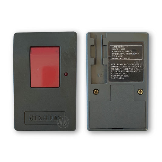 Merlin model 1000 large grey garage door remote with big red rectangle button front & back view