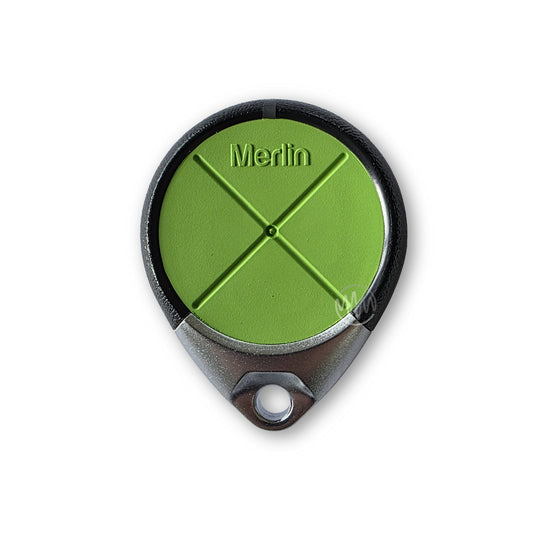 Merlin E975M dark grey & silver teardrop shape remote with lime green round segmented button