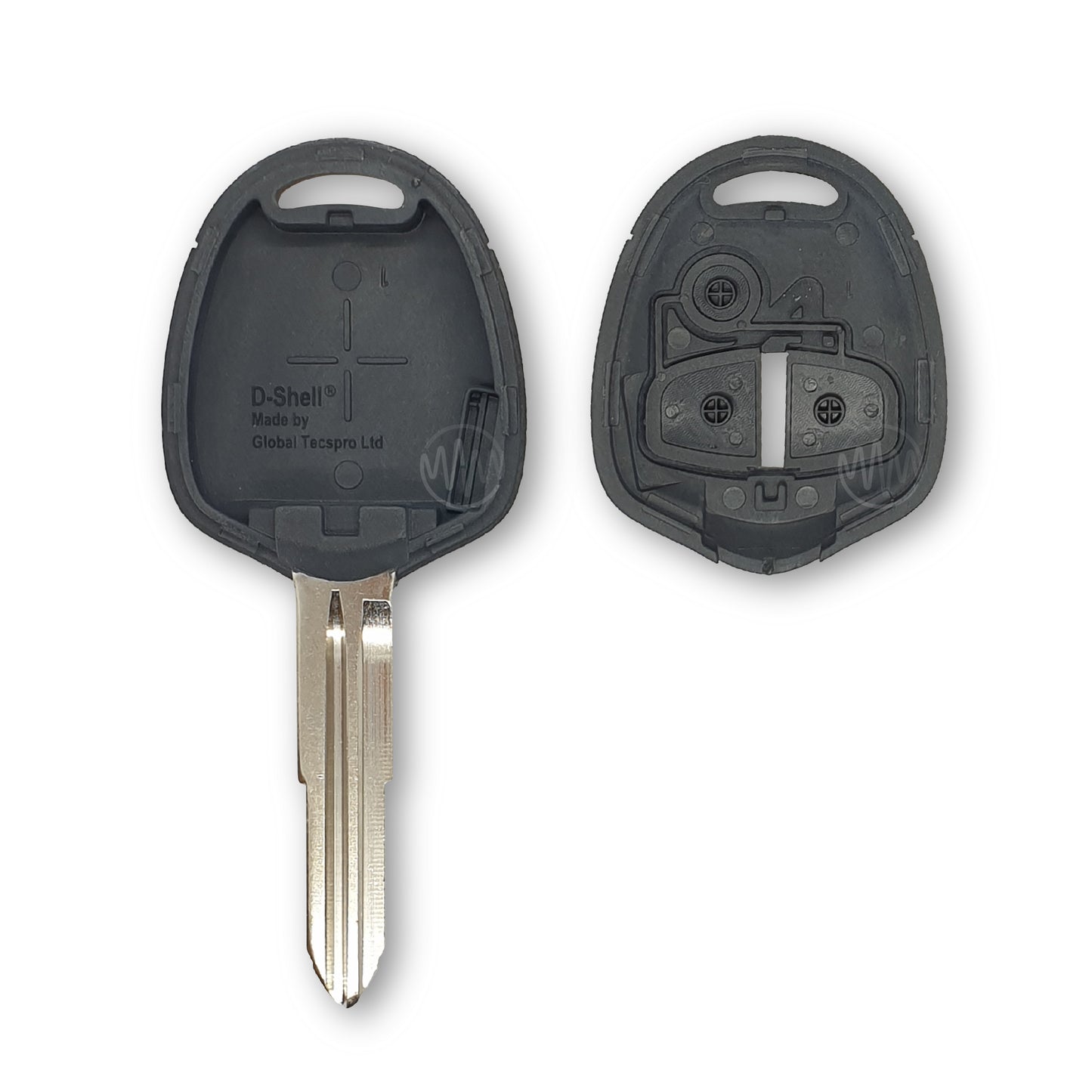 Inside of replacement black car key shell with metal key blade attached for Mitsubishi