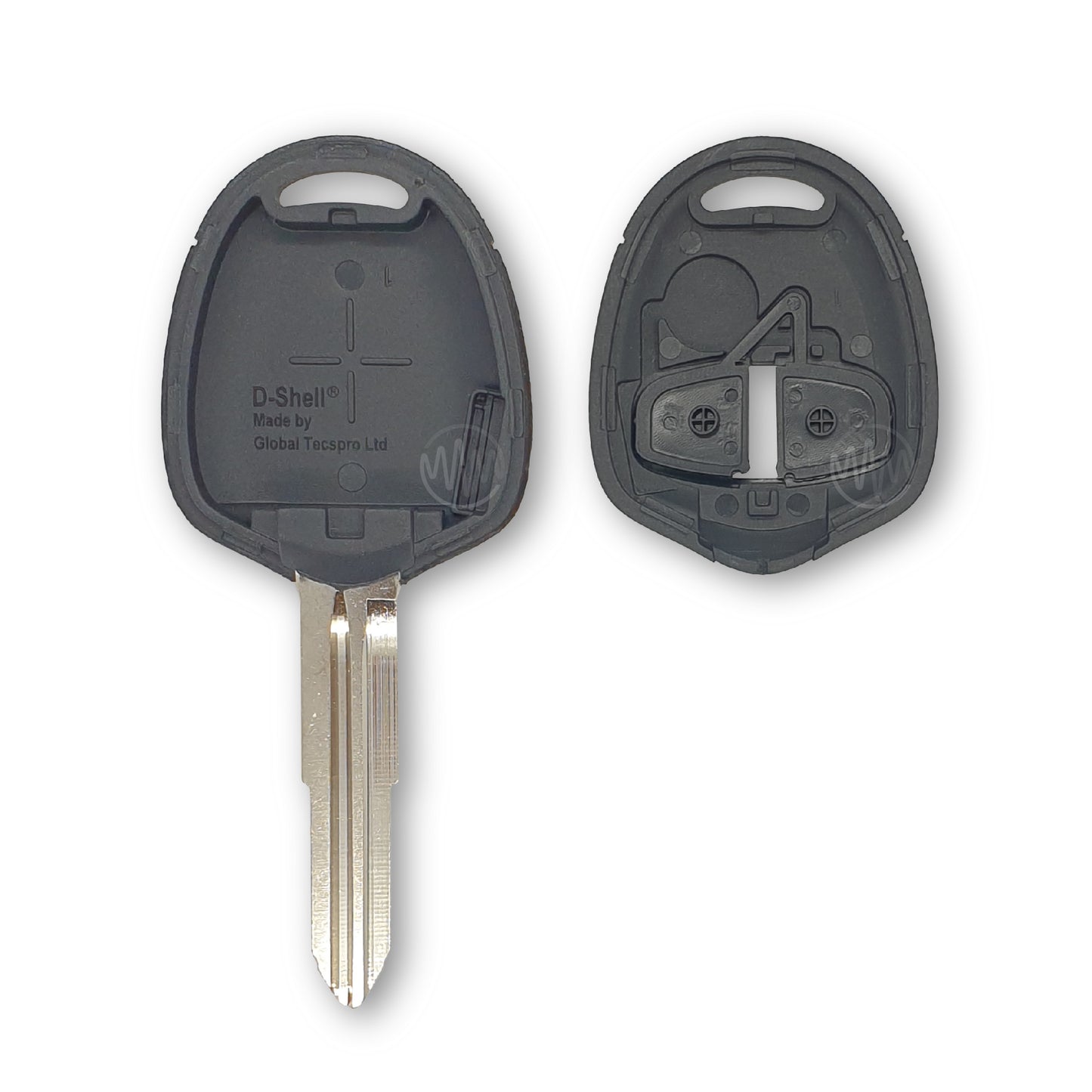Inside of replacement black car key shell with metal key blade attached for Mitsubishi