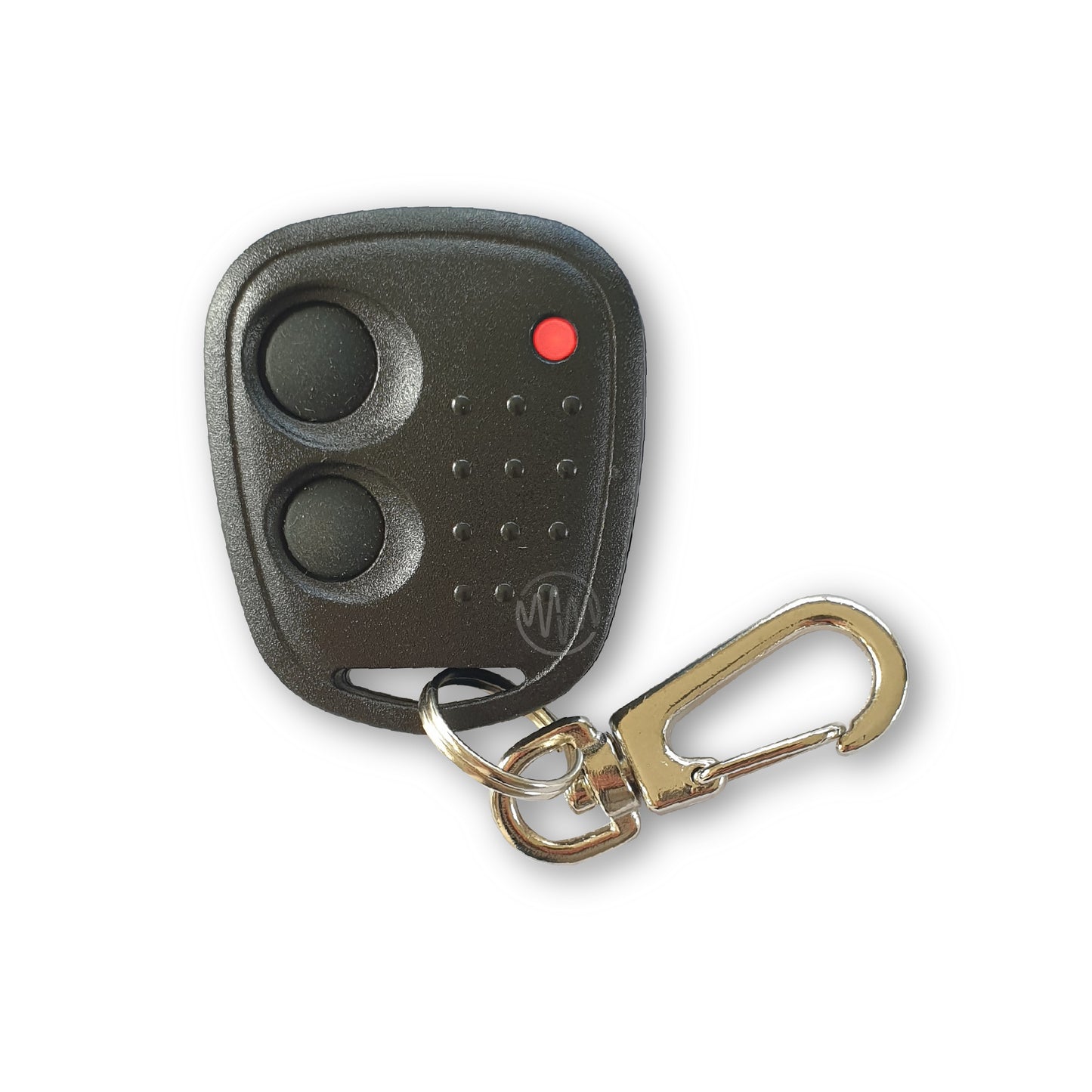 Mongoose black small car alarm remote with 2 round circle buttons, red led & dot texture on front