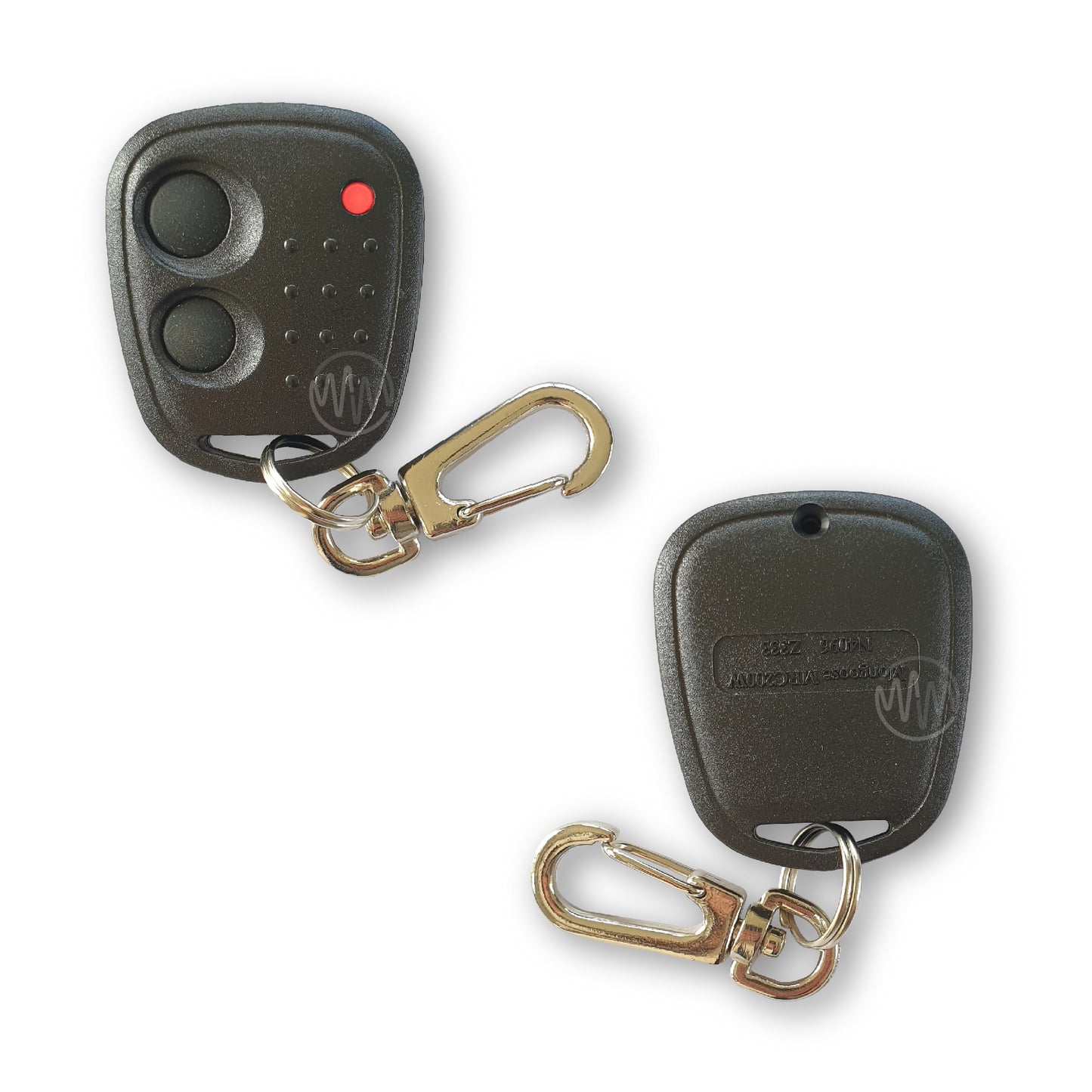 Mongoose black small car alarm remote with 2 round circle buttons, red led & dot texture on front