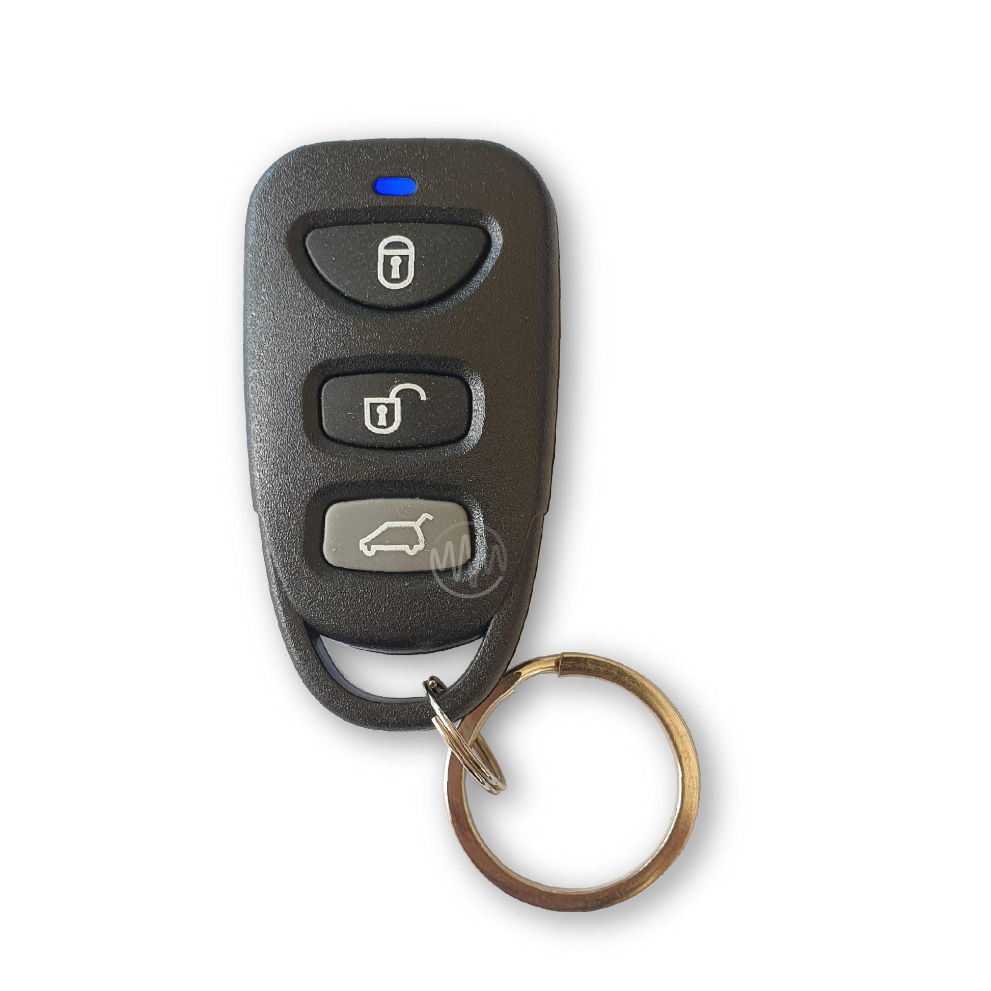 Mongoose black car alarm remote with blue led, 2 black buttons, 1 grey button  on front & 1 red button on the back