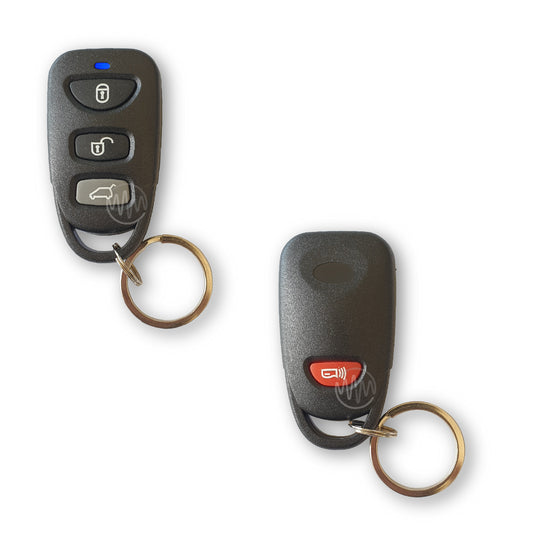 Front & back of Mongoose black car alarm remote with blue led, 2 black buttons, 1 grey button  on front & 1 red button on the back