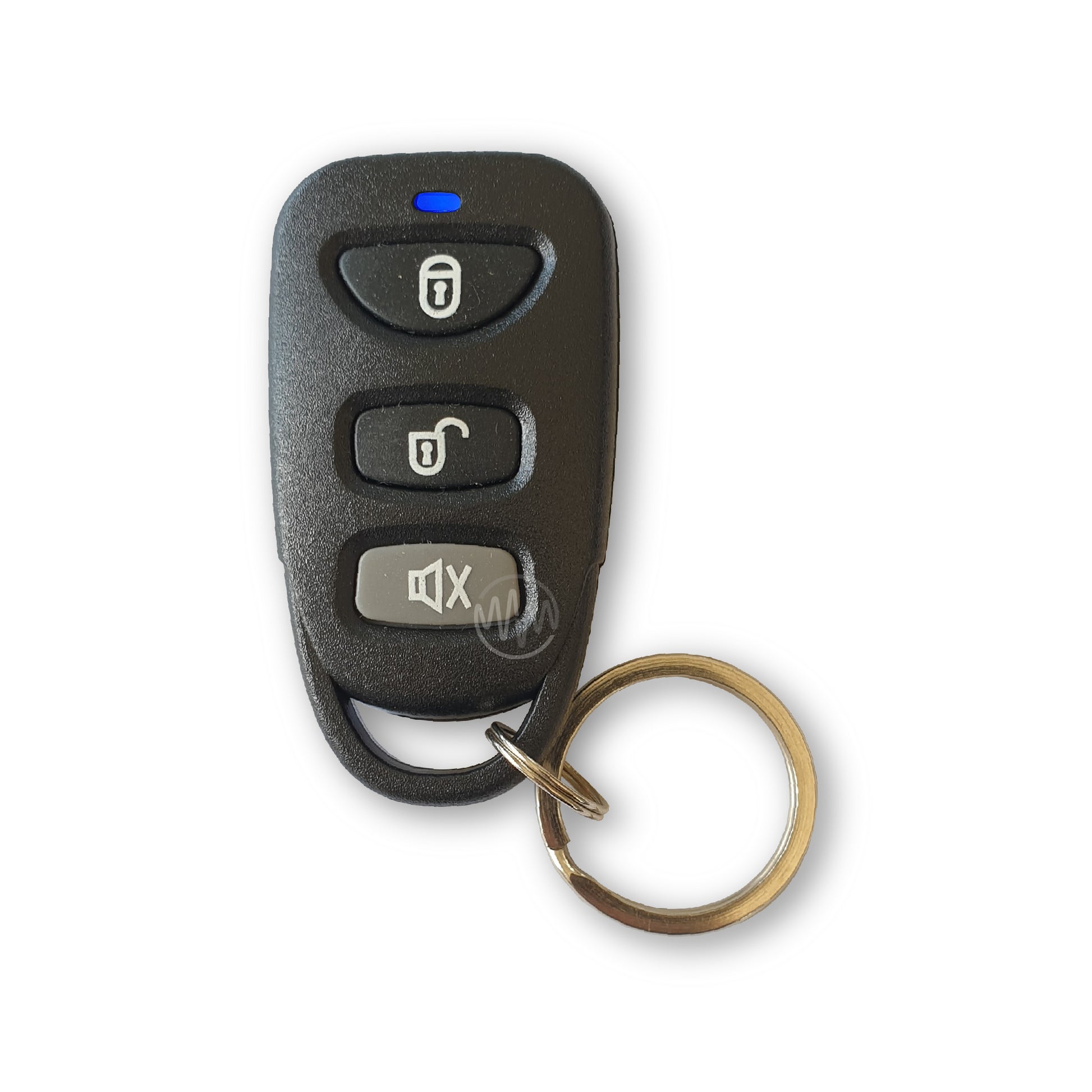 Mongoose black car alarm remote with blue led, 2 black buttons, 1 grey button  on front & 1 red button on the back