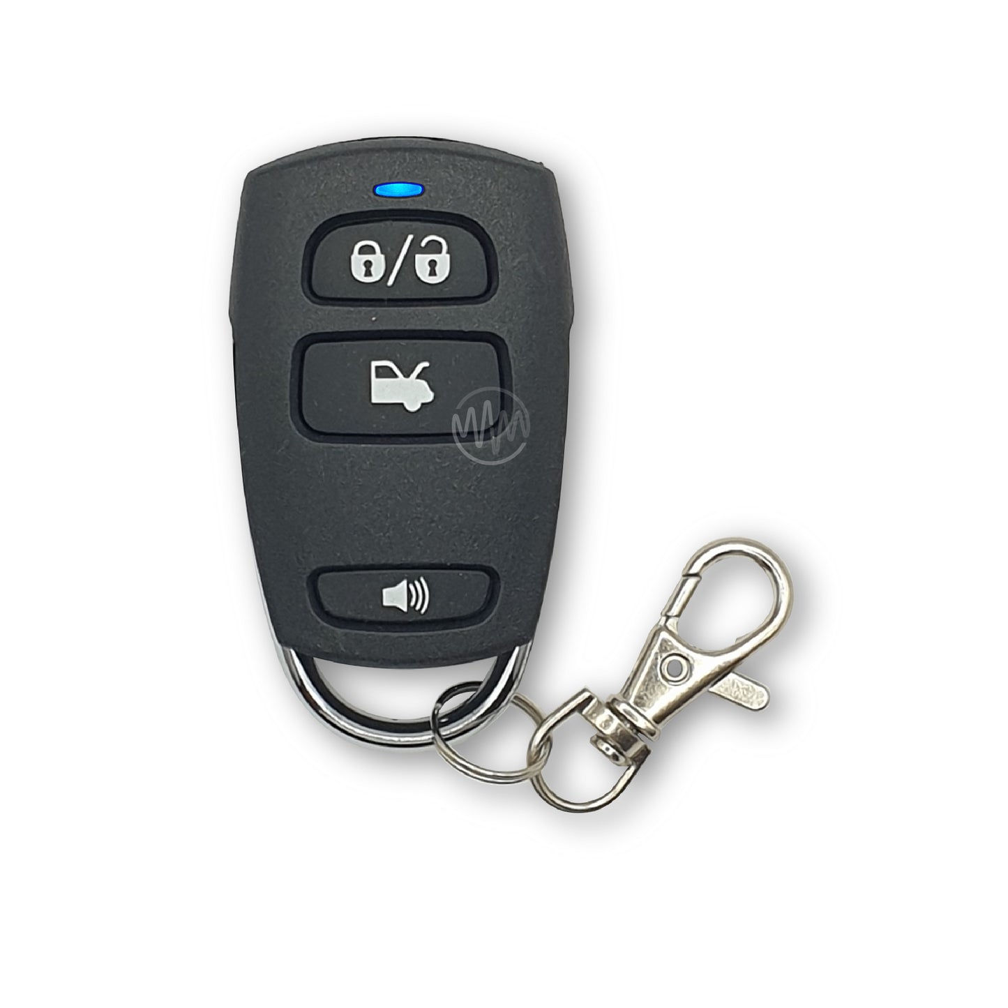 A black Mongoose car alarm remote with blue LED indicators, featuring buttons for locking and unlocking, and an alarm function, attached to a key ring.