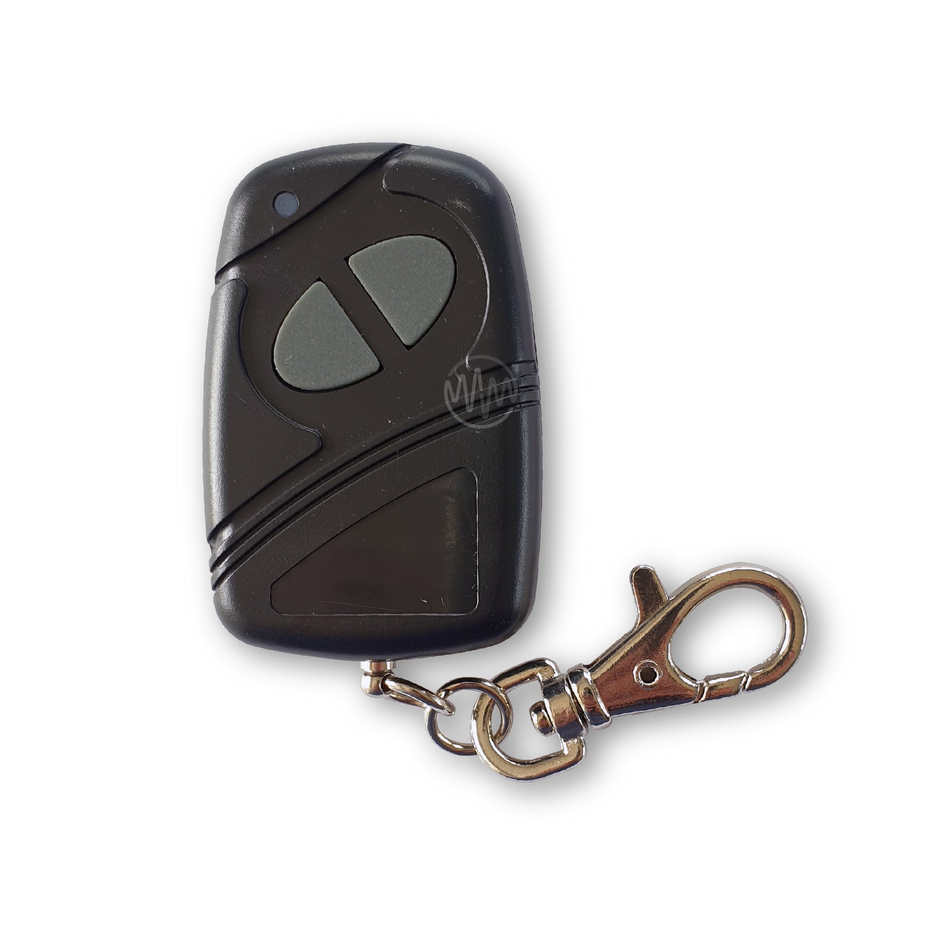 Black Mongoose car alarm remote with grey rubber oval button design split into 2 buttons
