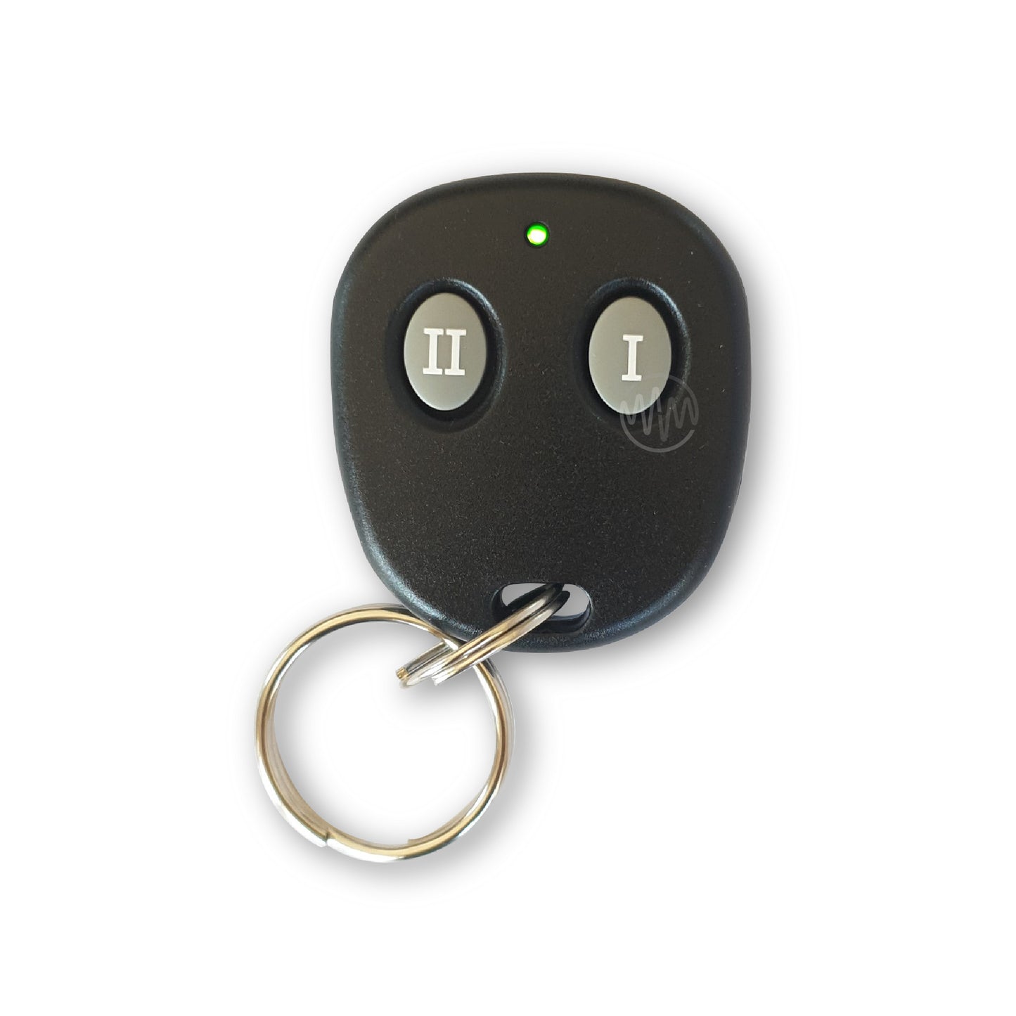 Unbranded small black rounded Mongoose car alarm remote with 2 grey roman numeral symbol buttons & green led