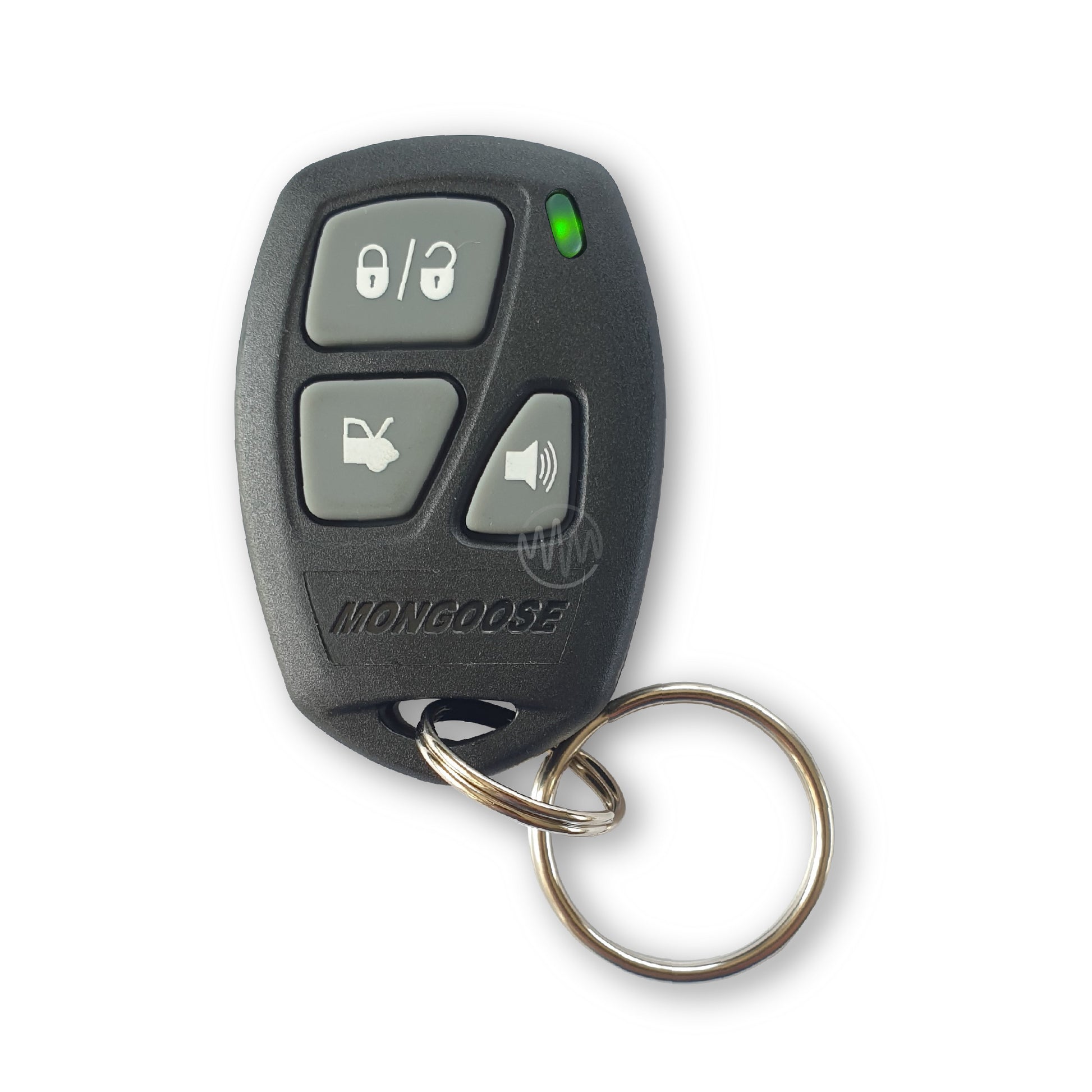 Mongoose branded black with 3 grey button symbol buttons & green led car alarm remote
