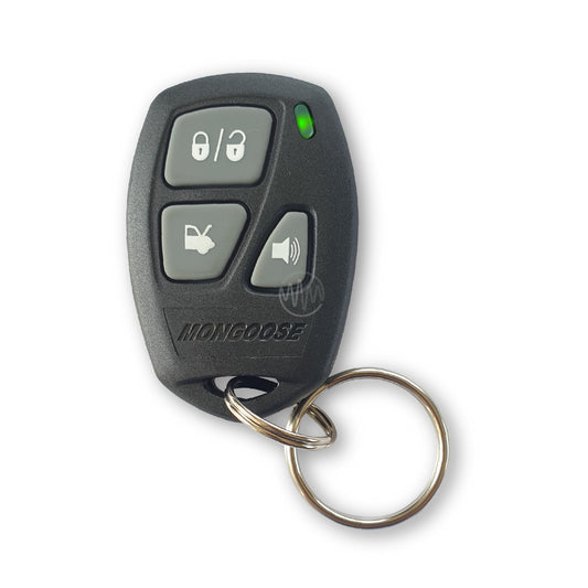 Mongoose branded black with 3 grey button symbol buttons & green led car alarm remote