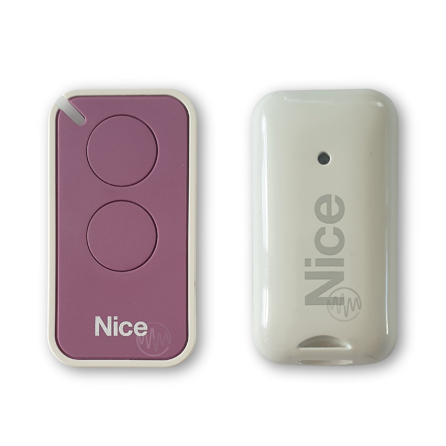 Nice branded lilac & white small rounded oblong shaped gate remote with 2 round buttons front & back view