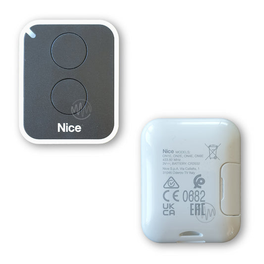 Front & back of Nice branded black & white rounded square gate remote with 2 round black buttons