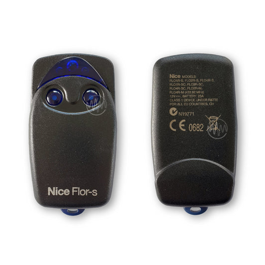 Front & back of Nice Flor-S branded black remote with 2 clear royal blue round buttons & light panel