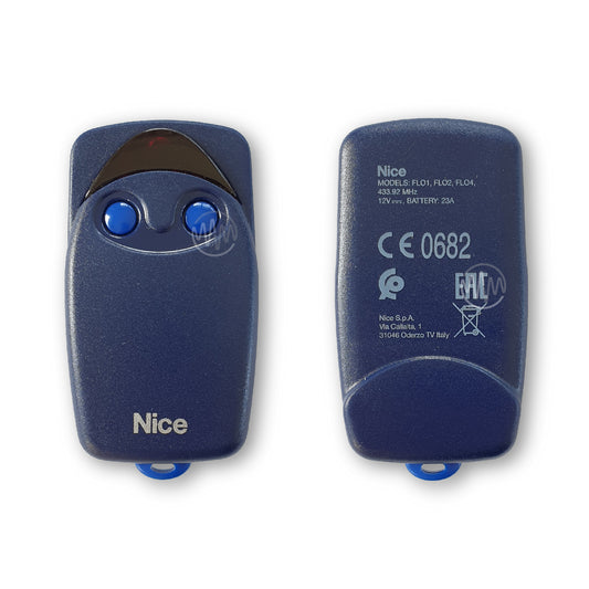 Front & back of Nice Flo branded blue remote with 2 round bright blue buttons