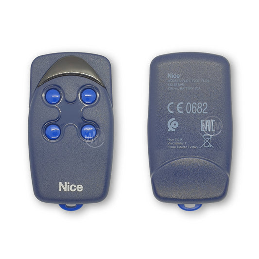 Front & back of Nice Flo branded blue remote with 4 round bright blue buttons