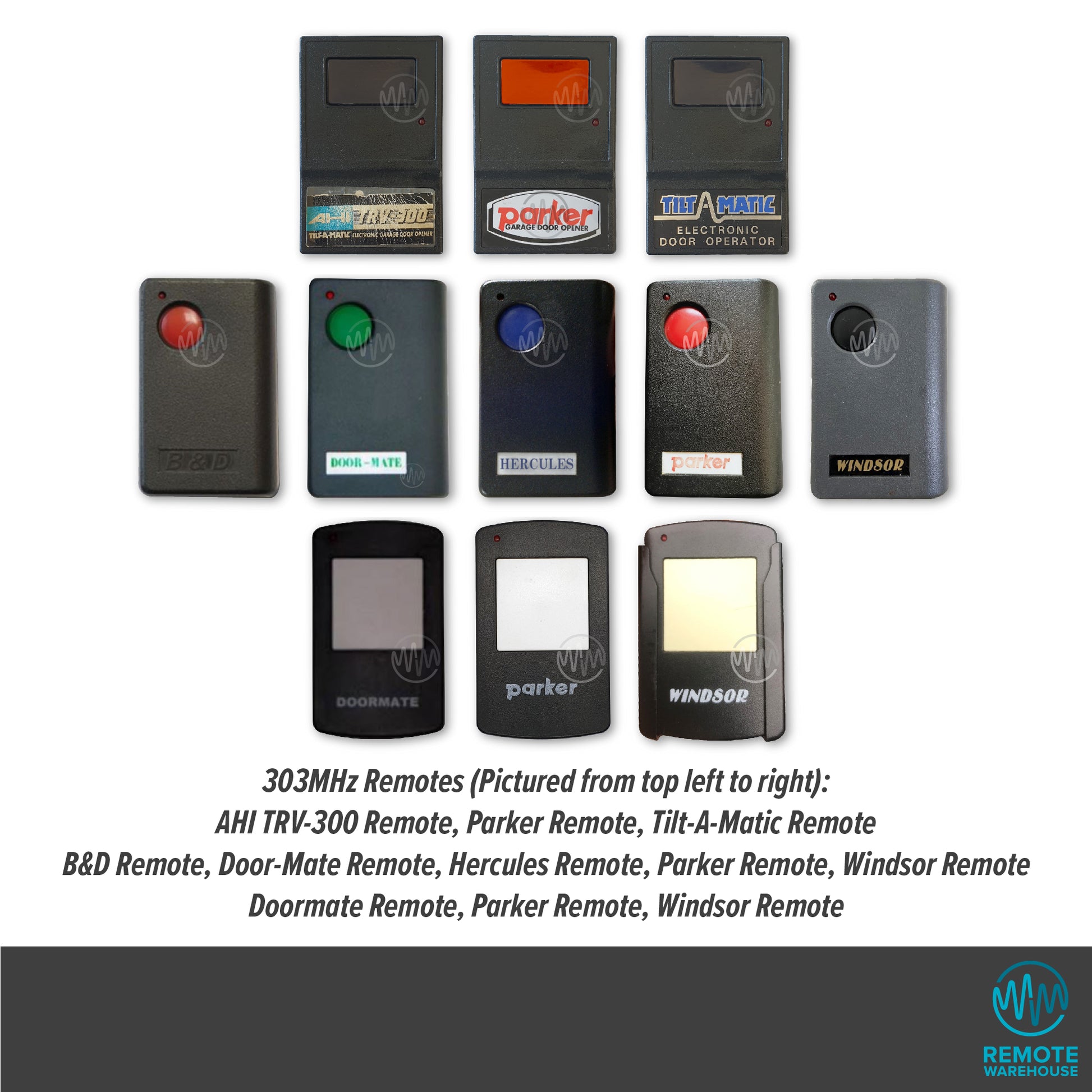 Collection of different branded old large single button 303MHz dipswitch garage door remotes