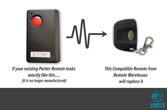 old large black parker remote with red round button is replaced with small keyring sing button garage remote