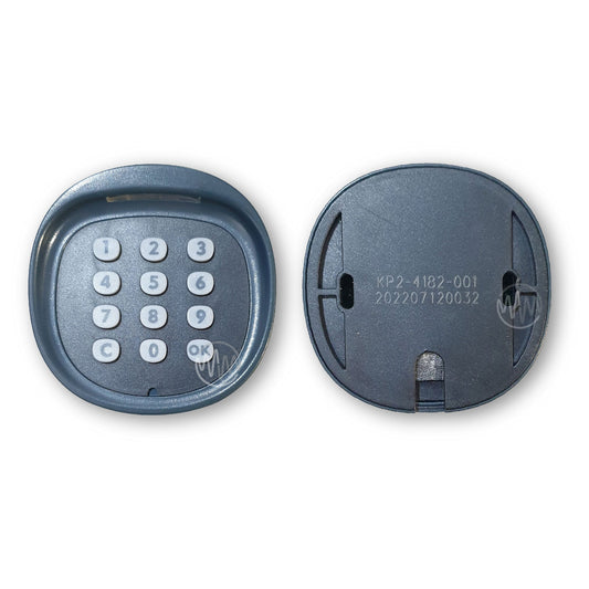 Front & back of Powertech KP2 grey wireless garage & gate keypad with raised white numbered buttons