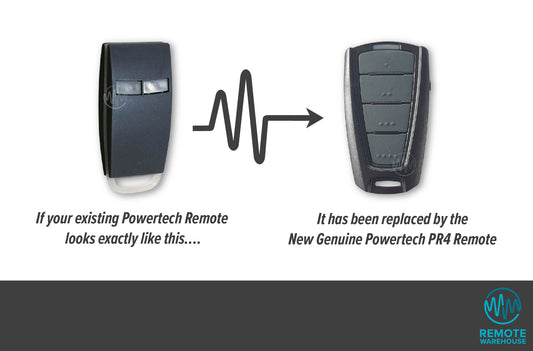 Powertech black gate remote with 2 oblong clear buttons is replaced with sun visor style black & 4 grey button remote