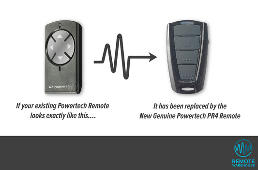 Powertech PR2 black 4 button with arrows remote is replaced with new PR4 sun visor garage remote