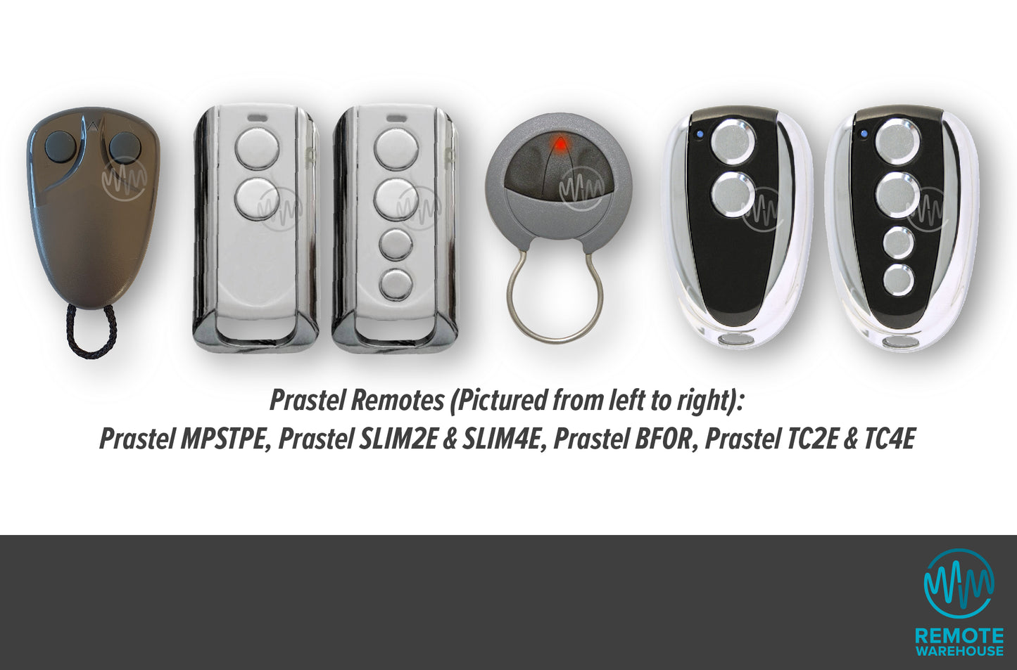 A range of different Prastel gate remotes in a row.