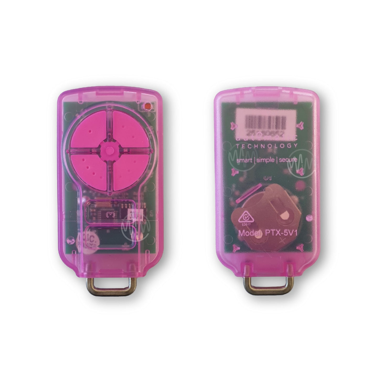 PTX-5V1 pink 4 button garage door remote front & back view