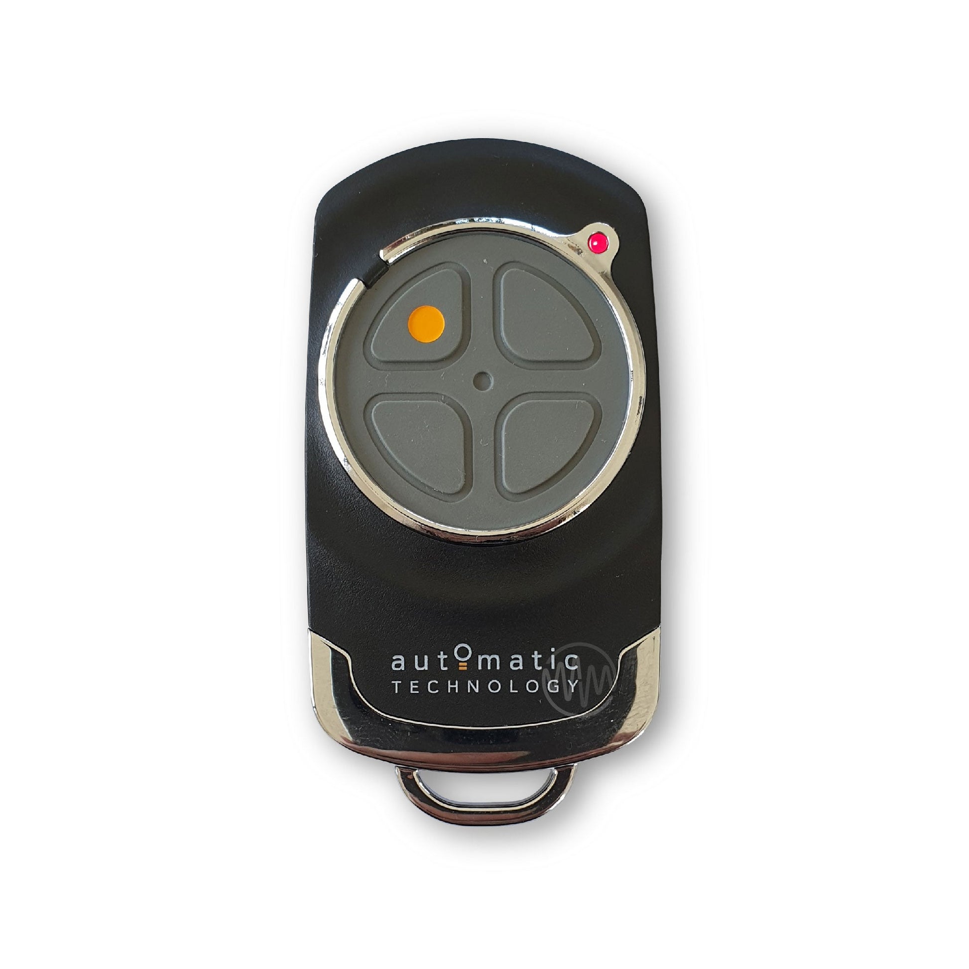 Automatic Technology branded black garage & gate remote with chrome accents & grey button pad segmented into 4 buttons